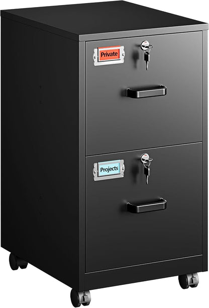PEUKC 2 Drawers Mobile File Cabinet with Lock, Under Desk Rolling File Cabinet for Home Office, Organizes Letter Legal A4 Files, Black(Assembly Required)