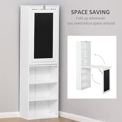 Folding Wall Mounted Desk with Storage, Expandable Hidden Computer Desk, Foldable Space-Saving Pull Out Murphy Table, Writing Table with Blackboard for Home Office Bedroom Small Spaces (White.)