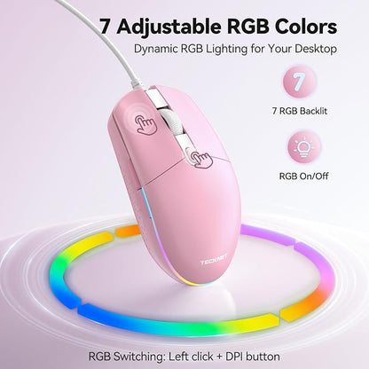 TECKNET Wired Mouse - USB Corded Mouse with RGB Backlit Full Size Optical Silent Mouse with Side Buttons,LED Plug and Play Wired Connection Office Mice for Desktop,PC,Laptop