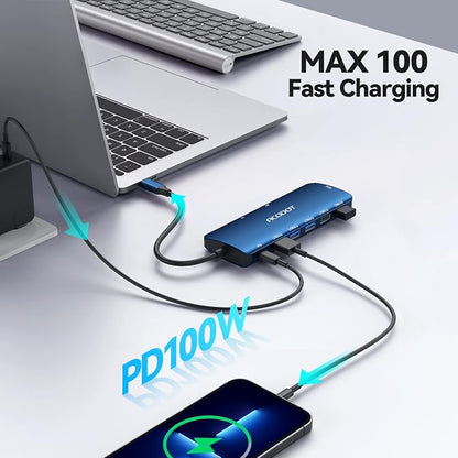 USB C Hub, 9-in-1 Multi-Port USB Adapter, 4K@60Hz HDMI, 100W Max PD, 3 USB3.0(5Gbps) + 2 USB2.0 Data Ports, SD/TF Card Reader for MacBook, iPad Pro, Dell, HP, Lenovo, Windows Laptop, Blue