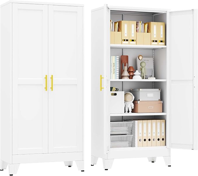 pozdeg 61" Tall Metal Storage Cabinet with 2 Doors & 3 Adjustable Shelves, Steel File Cabinet Multipurpose Organizer for Home Office Garage (White)