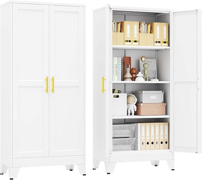 pozdeg 61" Tall Metal Storage Cabinet with 2 Doors & 3 Adjustable Shelves, Steel File Cabinet Multipurpose Organizer for Home Office Garage (White)