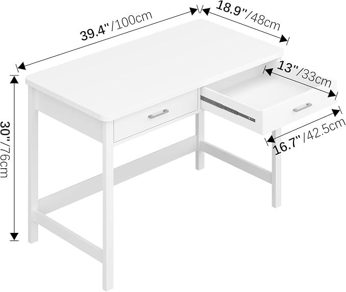 4NM 39.4" Small Desk with Wood Drawers, Home Office Computer Desk with Wooden Legs, Study Writing Table Vanity Desk for Small Spaces - White