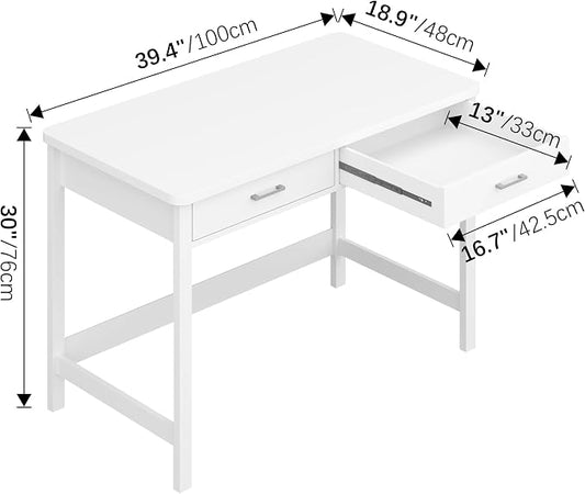 4NM 39.4" Small Desk with Wood Drawers, Home Office Computer Desk with Wooden Legs, Study Writing Table Vanity Desk for Small Spaces - White