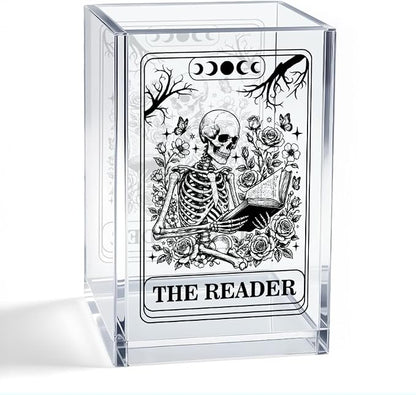 The Reader Acrylic Organizer Pencil Pen Holder, Bookworm Skeleton Desk Organizer, Bookworm Gifts for Book Lover Book Club Member Student Librarian, Back to School Gifts for Daughter Niece