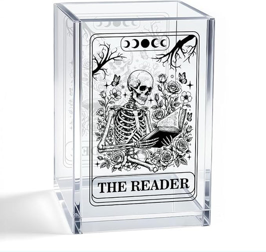 The Reader Acrylic Organizer Pencil Pen Holder, Bookworm Skeleton Desk Organizer, Bookworm Gifts for Book Lover Book Club Member Student Librarian, Back to School Gifts for Daughter Niece