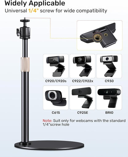 Webcam Tripod Stand for Desk Height Adjustable & 360° Swivel Webcam Mount Compatible with Logitech Webcam C922 C930e C920S C920 C615 C960 NexiGo N60 and BRIO and Other Devices with 1/4" Thread