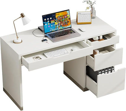 MaverickFurni 52 Inch White Desk with 4 Drawers, Computer Desk with Storage for Small Spaces with Storage File Drawer, Small Home Office Desk with Drawers for Bedroom