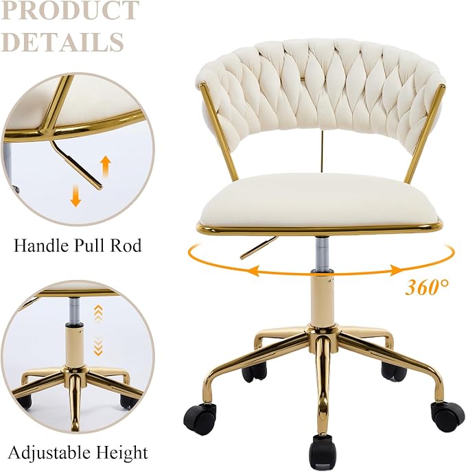 NIOIIKIT Home Office Chair, Velvet Upholstered Task Chair with Woven Open Back, 360° Swivel Desk Chair with Wheels, Adjustable Vanity Chair, Computer Chair for Office, Studio (Beige)