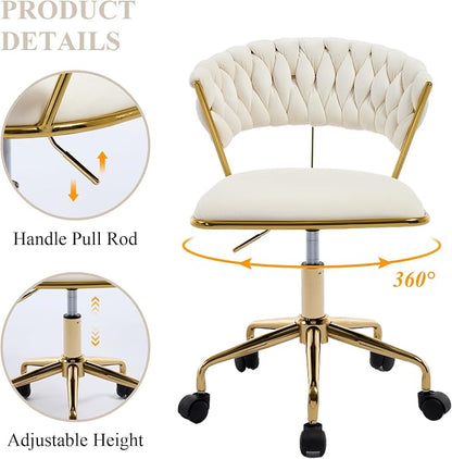 NIOIIKIT Home Office Chair, Velvet Upholstered Task Chair with Woven Open Back, 360° Swivel Desk Chair with Wheels, Adjustable Vanity Chair, Computer Chair for Office, Studio (Beige)