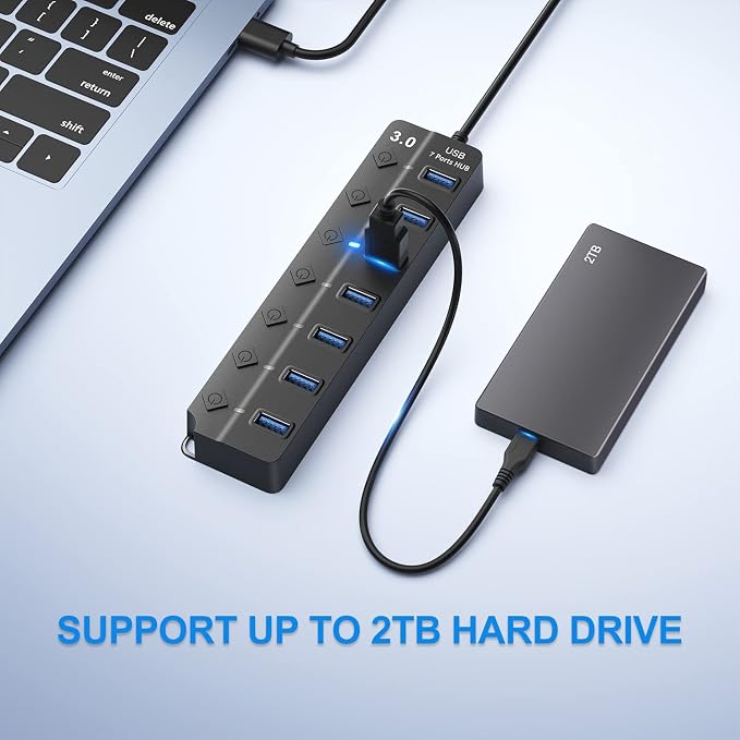 ONFINIO USB Hub 3.0, 7-Port USB A Splitter with Individual On/Off Switches and Lights, 3.2ft/1m Long Cable, Extender for A Port Laptop, PC, Desktop