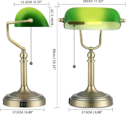 Green Glass Bankers Desk Lamp with USB Fast Charging Port | Pull Chain Switch Plug in Fixture