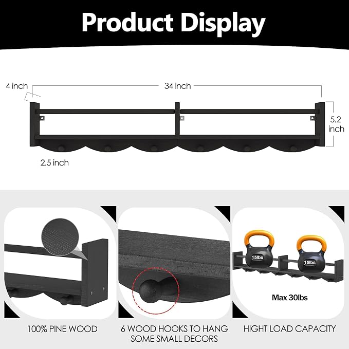 34Inch Nursery Bookshelves,Set of 4,Wall Floating Shelf Kids Coat Rack with 6Hooks,Hanging Book Shelf for Baby Nursery Room Décor ，Patent Number: 29958098(Black, 34)