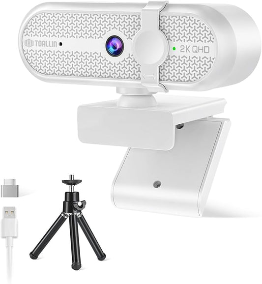 TOALLIN 2K Webcam for PC, 5MP, Built-in Mic, 90° Wide Angle Webcam with Tripod and Privacy Cover, USB Computer Camera for Laptop, Live-Streaming, Gaming, Online Meetings, Video Calls