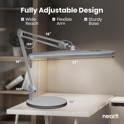Neatfi XL 24W LED Desk Lamp – 2,200 Lumens | 23” Wide Shade | Dimmable Eye-Caring Task Light | Adjustable Arm | Office, Study, Crafting & Nail Techs (Silver, Non-CCT with Base)