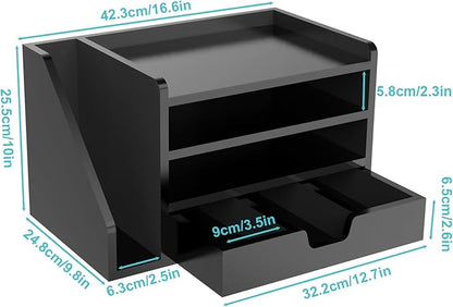 Multi-Tier Wood Desk File Organizer, 3 Tray Shelves & Adjustable Drawer - Space-Efficient Design for Efficient Office Setup, Reduces Desk Clutter (Black)