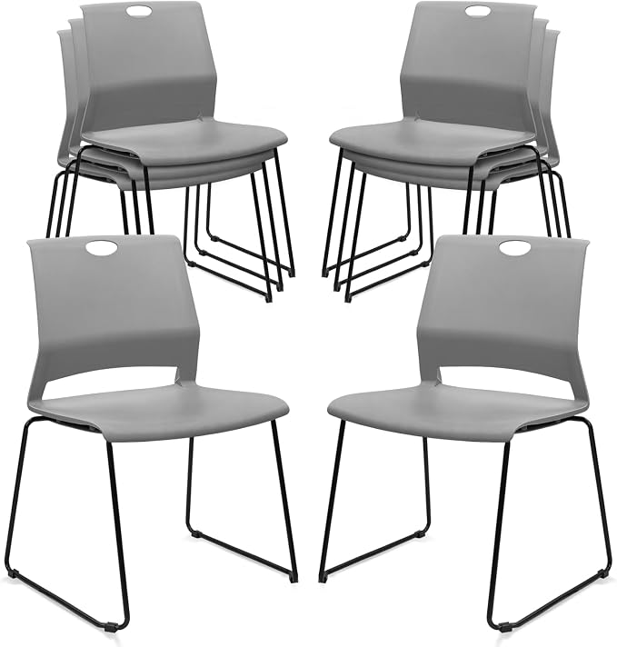 KLASIKA Stackable Guest Reception Chairs, Stacking Office Chair with Ergonomic Lumbar Support & Metal Legs, Plastic Desk Chairs for Conference School Church Waiting Meeting Break Room Set of 8, Gray
