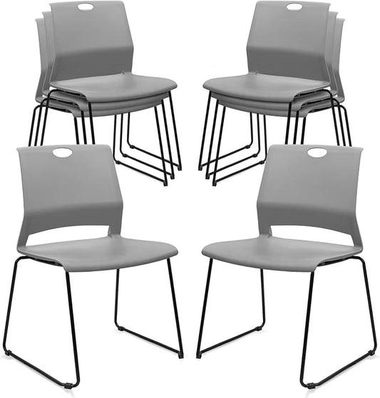 KLASIKA Stackable Guest Reception Chairs, Stacking Office Chair with Ergonomic Lumbar Support & Metal Legs, Plastic Desk Chairs for Conference School Church Waiting Meeting Break Room Set of 8, Gray