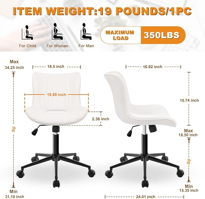 Armless Office Chair, Height Adjustable Desk Chair with Wheels, Ergonomic Comfy 360° Swivel Home Office Computer Task Chair, Faux Leather Padded Cute Vanity Chair, White