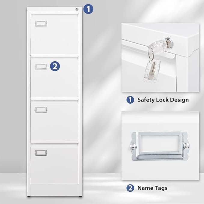 4 Drawer File Cabinet,Metal Filing Cabinets with Lock,18" Deep Vertical Filing Cabinets for Home Office,Steel Storage Cabinet fits Letter/Legal/A4 Size