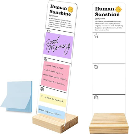 Monitor Memo Board with Removable Wooden Base Acrylic Portable Sticky Note Holder, Human Sunshine Acrylic Message Board Sign Office Desk Desk Set Sticky Notes 100 Sheets