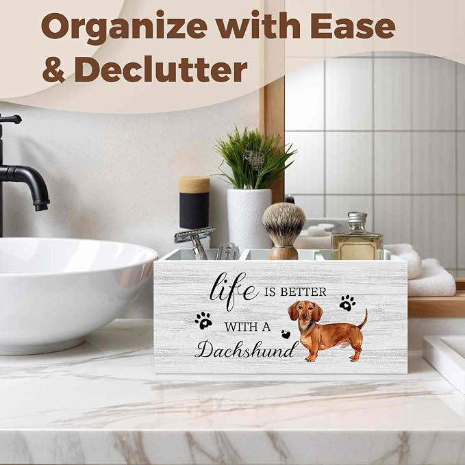 Dachshund Dog Pencil Pen Holder for Desk Organizer, Dachshund Gifts for Women Men, Weiner Dog Gifts Wooden Box Decorations for Home Bedroom Office Desk Tabletop Decor