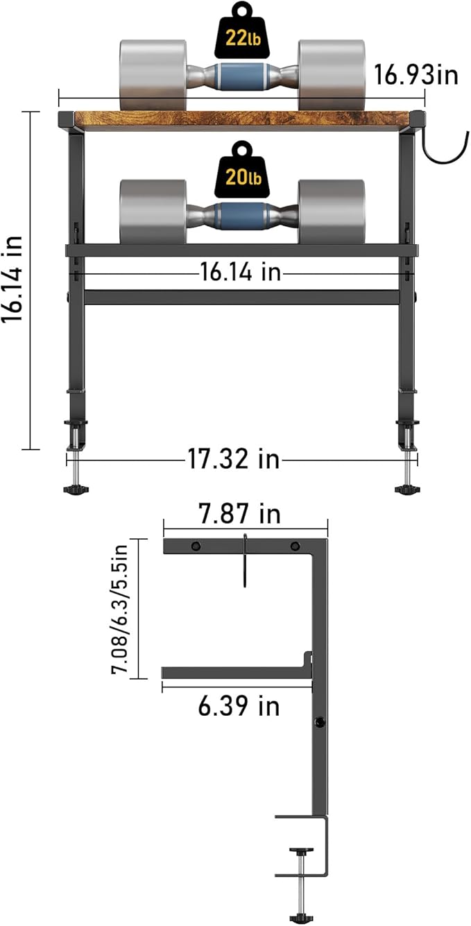 2-Tier Clamp on Desk Shelf, 17" Adjustable Above or Under Desk Shelves Organizer, No Drilling Desktop Storage Shelf with Headphone Holder, Desktop Storage Rack or Office and Gaming Accessories (Brown)