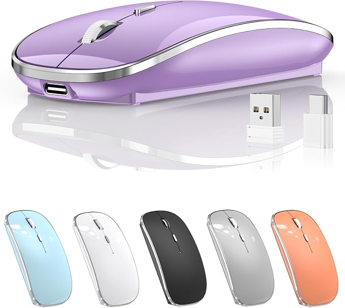 Halpilt Wireless Mouse Chargeable Portable Silent USB and Type-C Dual Mode Wireless Mouse 3 Adjustable DPI for Laptop, Mac, Android, PC (Q23S Purple)