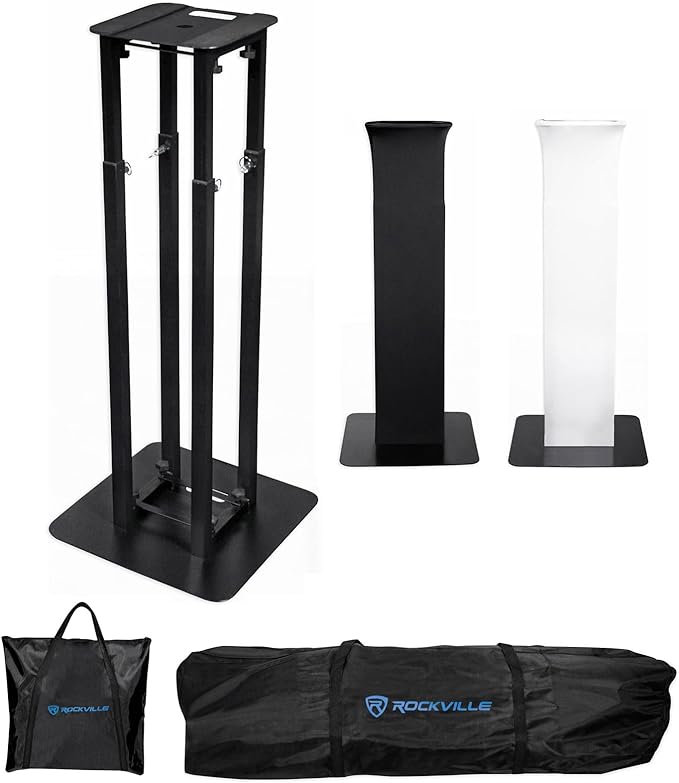 Rockville RTP32B Totem Moving Head Light Stand, Black and White Scrims | 2 Carry Bags, Adjustable Height 39-69 Inches, 132 lb Capacity, Steel, 35mm Pole Mount, Tool-Free Assembly
