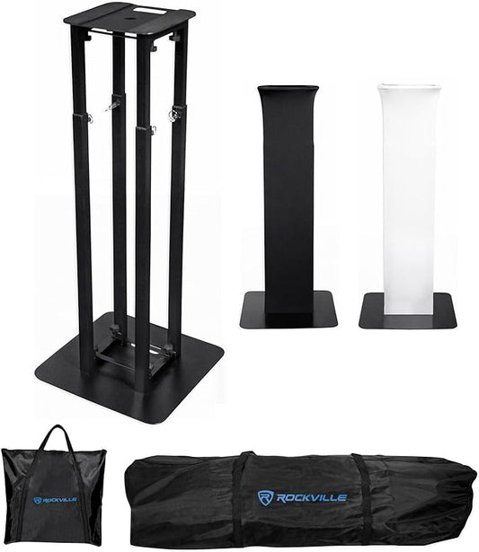 Rockville RTP32B Totem Moving Head Light Stand, Black and White Scrims | 2 Carry Bags, Adjustable Height 39-69 Inches, 132 lb Capacity, Steel, 35mm Pole Mount, Tool-Free Assembly