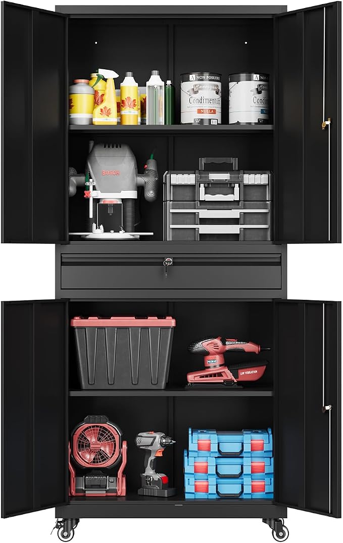 Fesbos 73" Metal Cabinet-Black Heavy Duty Rolling Storage Cabinet Steel Cabinets with Wheels, Shelves, Lockable Doors and Drawers- for Garage, Pantry, Warehouse - Assembly Required
