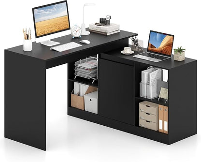 Tangkula Reversible L-Shaped Desk with Storage Cabinet & 4 Shelves, Corner Desk for Writing Study Work Executive, Modern Computer Desk for Small Space, Laptop Workstation for Home Office School