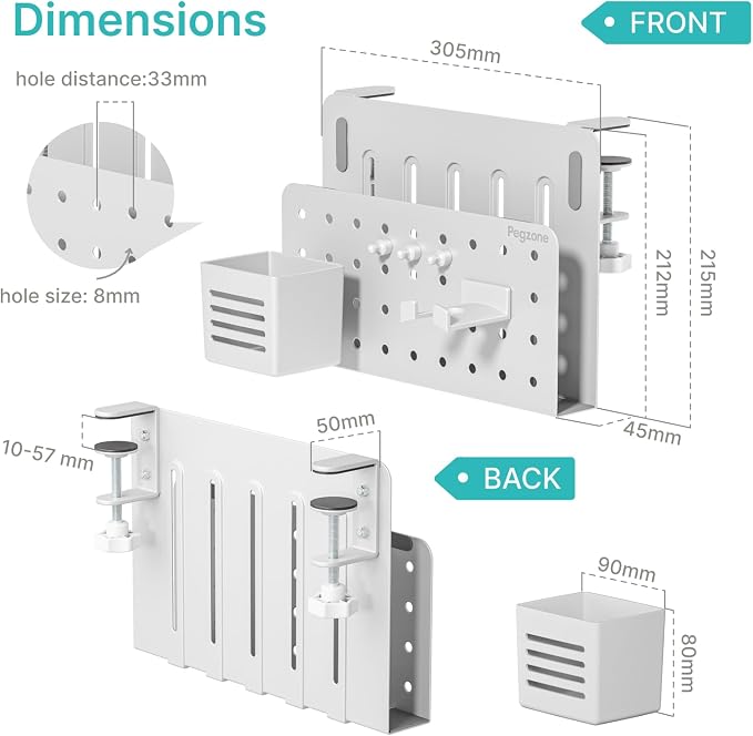 PEGZONE Desk Side Storage Organizer, No Drill Under Desk Laptop Holder, Clamp on Desks Shelf with Pegboard Accessories, Hanging Laptop Mount, Fits Flat Edge 0.4" to 2.2", White