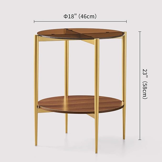 LumFurn Round Glass End Table, Mid-Century Modern Design Sofa Table for Living Room, D18 x H23, 2-Tier Structure, Amber Glass Top and Walnut Shelf, Sleek Conical Legs with Gold Finish Frame