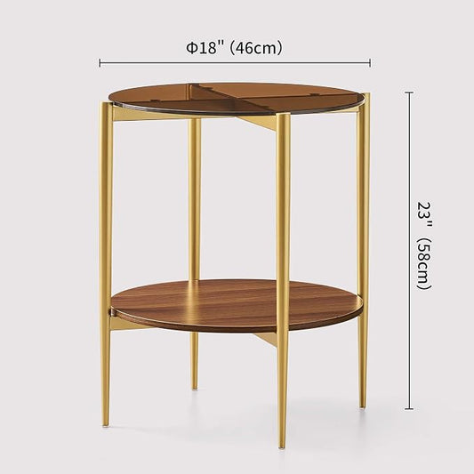 LumFurn Round Glass End Table, Mid-Century Modern Design Sofa Table for Living Room, D18 x H23, 2-Tier Structure, Amber Glass Top and Walnut Shelf, Sleek Conical Legs with Gold Finish Frame
