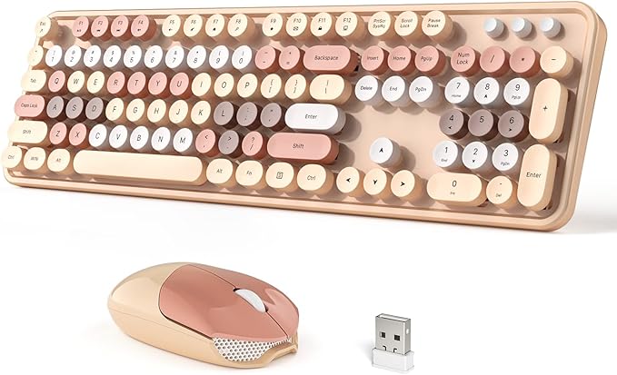 Dilter Wireless Keyboard and Mouse Combo, 104 Keys Full-Sized 2.4 GHz Round Keycap Colorful Keyboards, USB Receiver Plug and Play, for Windows, PC, Laptop, Desktop (Milk Tea)