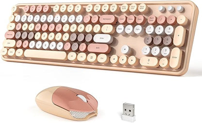 Dilter Wireless Keyboard and Mouse Combo, 104 Keys Full-Sized 2.4 GHz Round Keycap Colorful Keyboards, USB Receiver Plug and Play, for Windows, PC, Laptop, Desktop (Milk Tea)