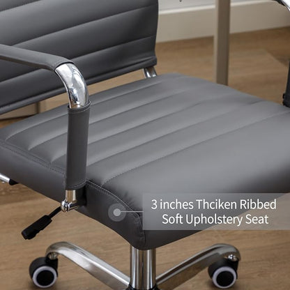 Office Desk Chair Leather, Conference Room Chairs with Wheels, Executive Modern High Back Ergonomic Swivel Rolling Ribbed Computer Chair