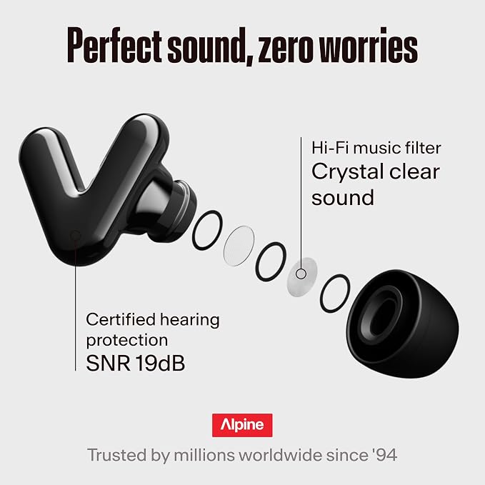 Alpine Tune Earplugs, Concert Ear Plugs for Noise Reduction, High Fidelity Music Quality, 19dB Hearing Protection with Crystal Clear Sound, Incl. 4 Sizes, for Parties, Raves, Festivals & Clubs, Black