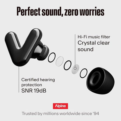 Alpine Tune Earplugs, Concert Ear Plugs for Noise Reduction, High Fidelity Music Quality, 19dB Hearing Protection with Crystal Clear Sound, Incl. 4 Sizes, for Parties, Raves, Festivals & Clubs, Black