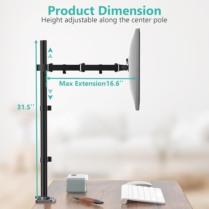 WALI Monitor Arm Mount for Desk, Single Extra Tall Computer Desk Mount, Monitor Bracket Mount Stand Single, up to 34 inch, 22 lbs (M001XL), Black