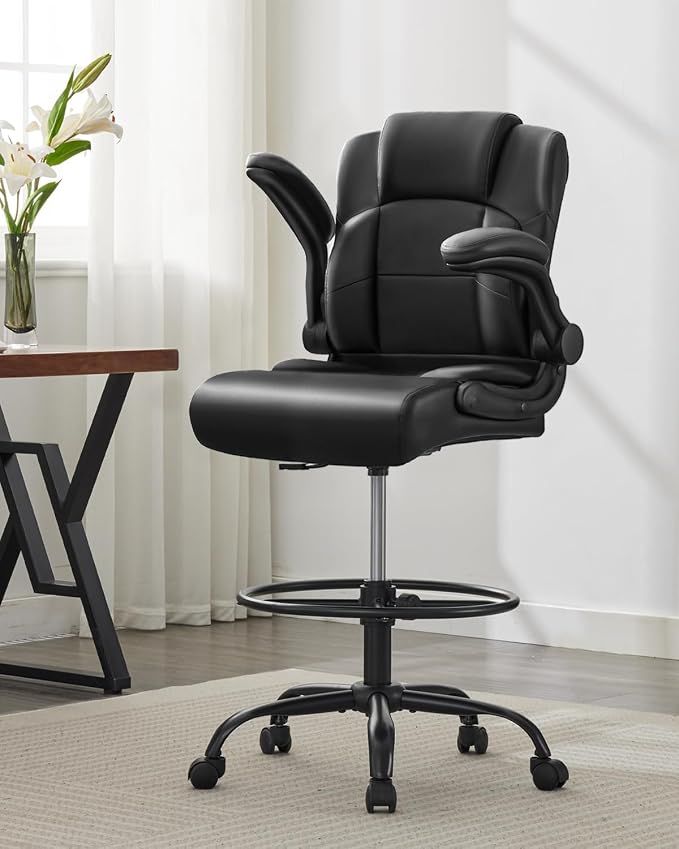 Ergonomic Drafting Chair,Tall Office Chair for Standing Desk with Flip-Up Armrests,Adjustable Foot Ring & Height, High Leather Executive Office Chair for Home,Drawing or Counter Height Use