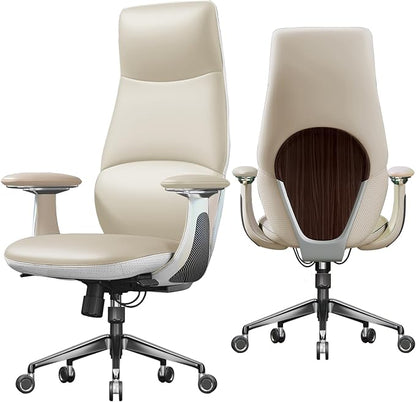 Ergonomic Genuine Leather Office Chair, Executive Chair with Tilt Adjustable High Back and Lumbar Support, 400lbs Weight Capacity Metal Base with 360° Flexible Wheels (White)