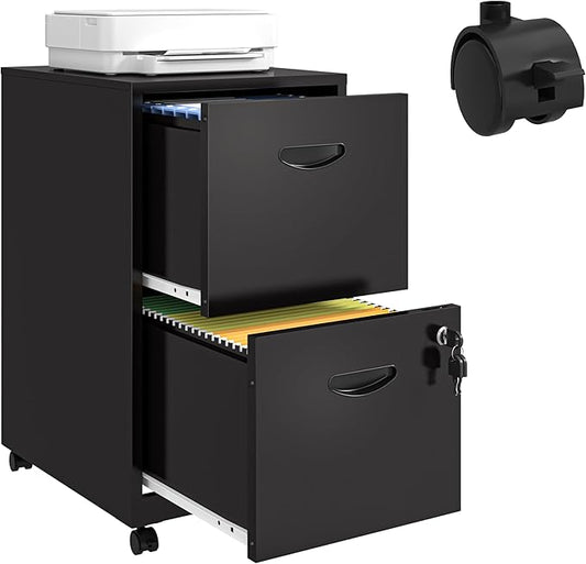 UNICOLY 2 Drawer File Cabinet with Lock, Filing Cabinets with Wheels, Rolling File Cabinets for Home Office, Metal Office File Cabinet, for Holding Letters and File Boxes, Assembly Required, Black