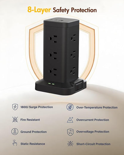 2Pack Power Strip Tower with Surge Protector 1800J, Fast Charging Tower PD20W USB-C Ports with 12 AC Outlets, 6ft Extension Cord for Home Office Dorm Room, Black