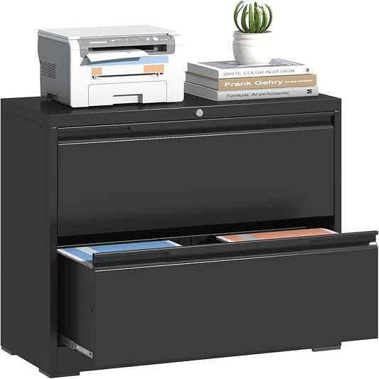 Lateral File Cabinet 2 Drawer, Metal File Cabinet with Lock | Filing Cabinets for Home Office, Black Locking Deep Drawer for Hanging Files Letter/Legal/A4/F4 Size, Assembly Required