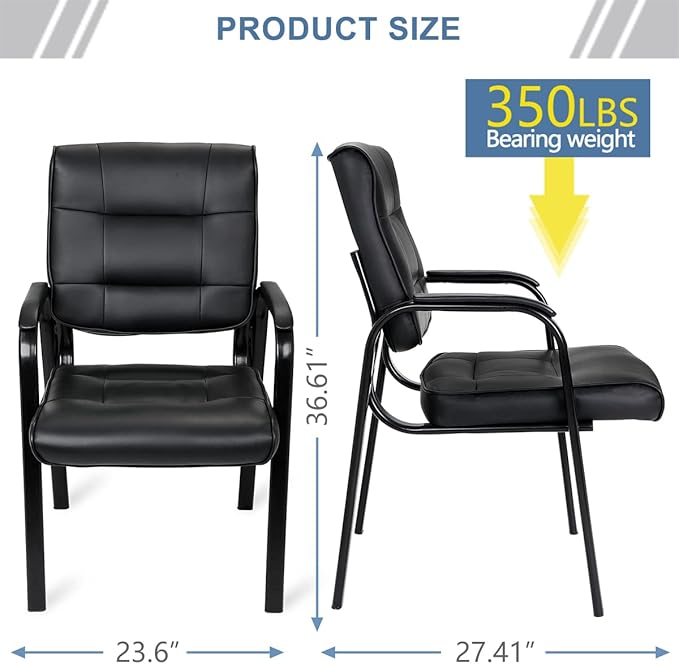 ZenStyle Set of 2 Office Reception Guest Chair No Wheels, Executive Side Chair with Bonded Leather and Black Metal Frame for Waiting Room, Conference Room, Reception Meeting, Lobby
