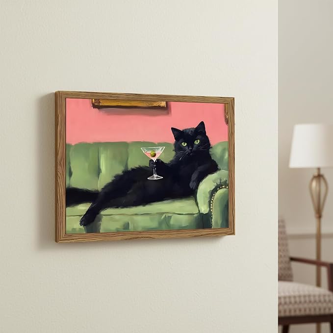 Black Cat Wall Art 12x16 Inch Funny Martini Cat Canvas Painting, Whimsical Cocktail Bar Wall Decor, Vintage Animal Artwork for Bar Cart, Kitchen, Living Room, Wood Framed