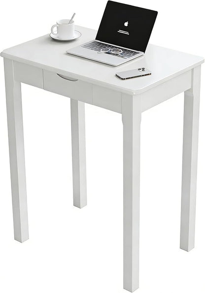 Solid Wooden Desk with Drawers - 24 x 16 Inch Narrow Desks for Small Spaces, Rubberwood Simple Study Table, Small Writing Desk for Bedroom - Modern White Desks