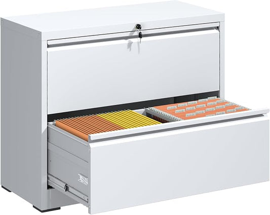 File Cabinets 2 Drawer,Metal Office Storage Filing Cabinet with Lock,White Lateral Filing Cabinet for Home Office,Horizontal Two Drawer File Cabinet for Legal/Letter/A4,Assembly Require,White